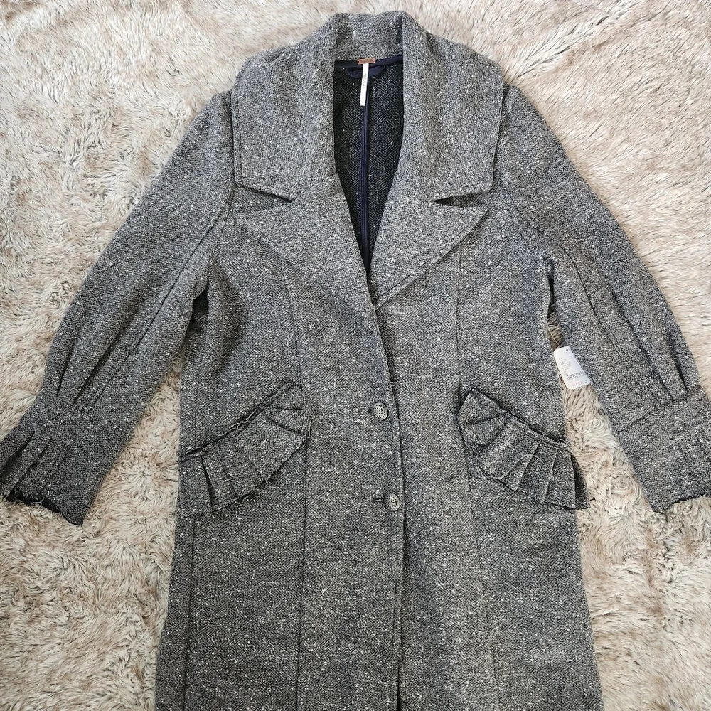 Free People Ellington Duster Coat In Charcoal Gray‎ Wool Blend Button Front